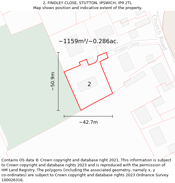 2, FINDLEY CLOSE, STUTTON, IPSWICH, IP9 2TL: Plot and title map