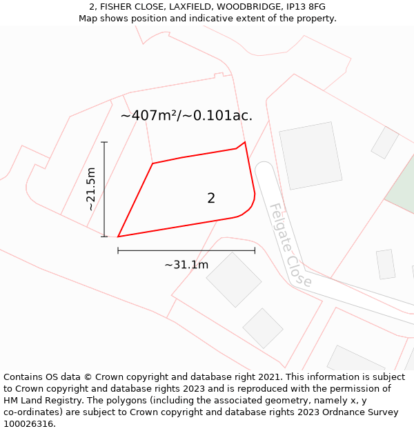 2, FISHER CLOSE, LAXFIELD, WOODBRIDGE, IP13 8FG: Plot and title map