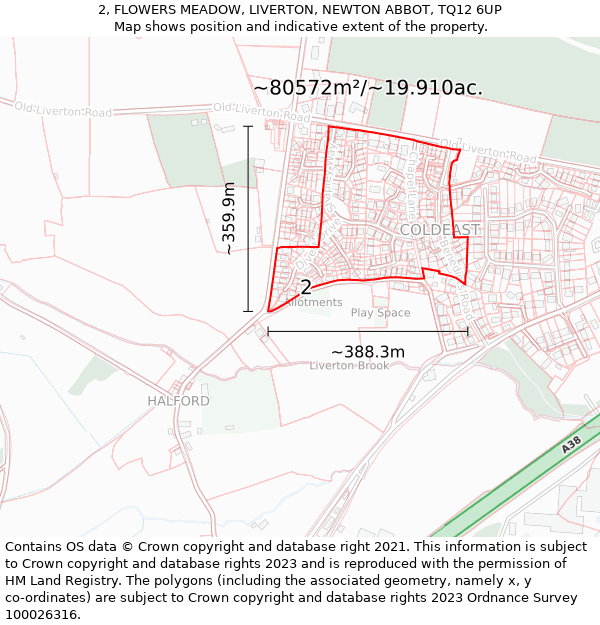 2, FLOWERS MEADOW, LIVERTON, NEWTON ABBOT, TQ12 6UP: Plot and title map