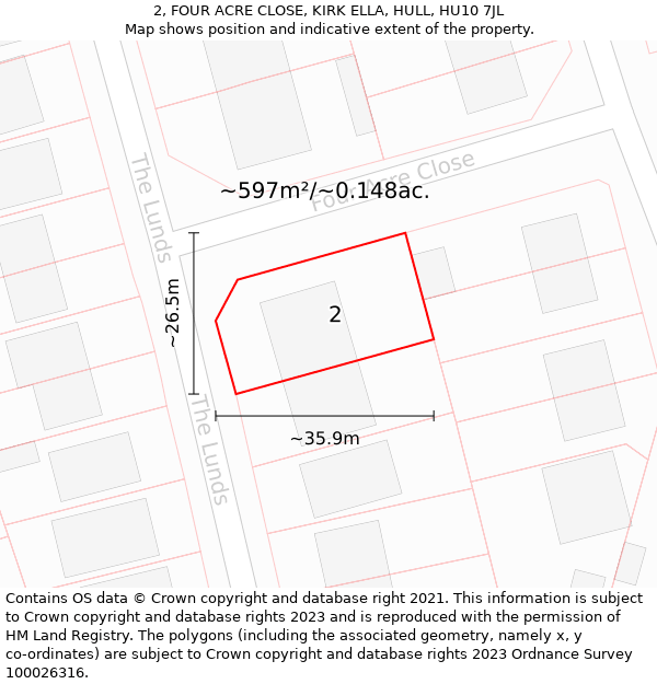 2, FOUR ACRE CLOSE, KIRK ELLA, HULL, HU10 7JL: Plot and title map