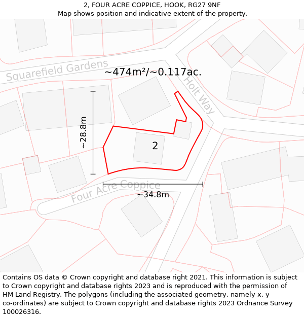 2, FOUR ACRE COPPICE, HOOK, RG27 9NF: Plot and title map