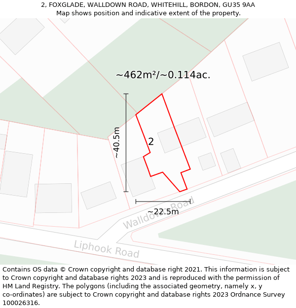 2, FOXGLADE, WALLDOWN ROAD, WHITEHILL, BORDON, GU35 9AA: Plot and title map