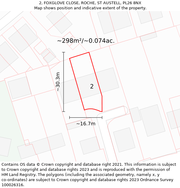 2, FOXGLOVE CLOSE, ROCHE, ST AUSTELL, PL26 8NX: Plot and title map