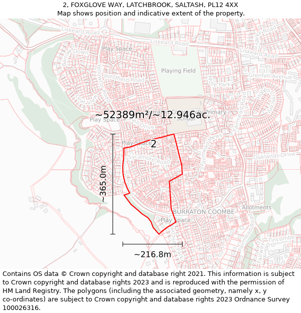 2, FOXGLOVE WAY, LATCHBROOK, SALTASH, PL12 4XX: Plot and title map