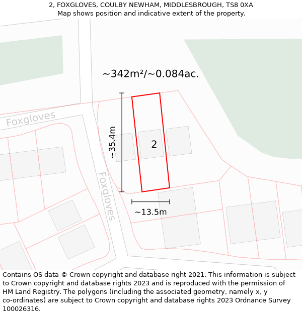 2, FOXGLOVES, COULBY NEWHAM, MIDDLESBROUGH, TS8 0XA: Plot and title map