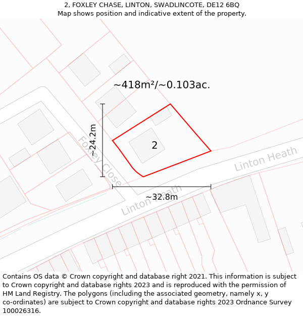 2, FOXLEY CHASE, LINTON, SWADLINCOTE, DE12 6BQ: Plot and title map