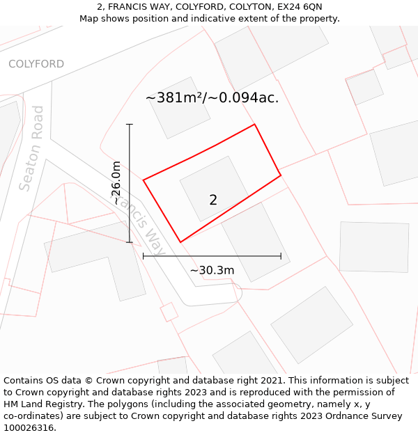 2, FRANCIS WAY, COLYFORD, COLYTON, EX24 6QN: Plot and title map