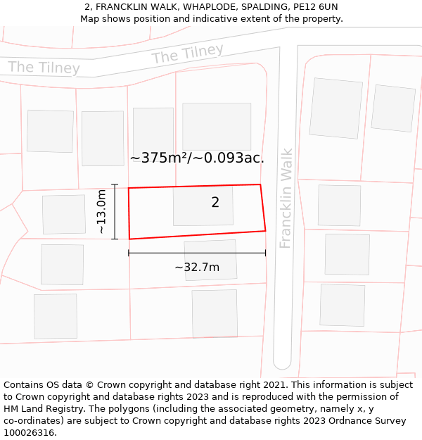 2, FRANCKLIN WALK, WHAPLODE, SPALDING, PE12 6UN: Plot and title map