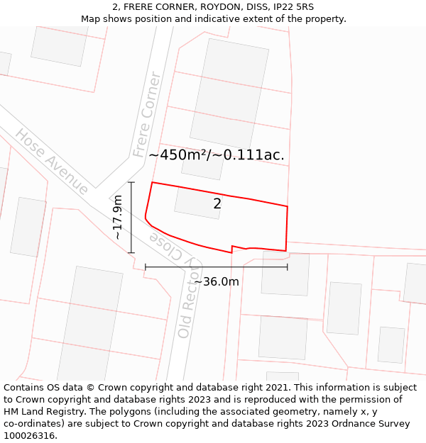 2, FRERE CORNER, ROYDON, DISS, IP22 5RS: Plot and title map