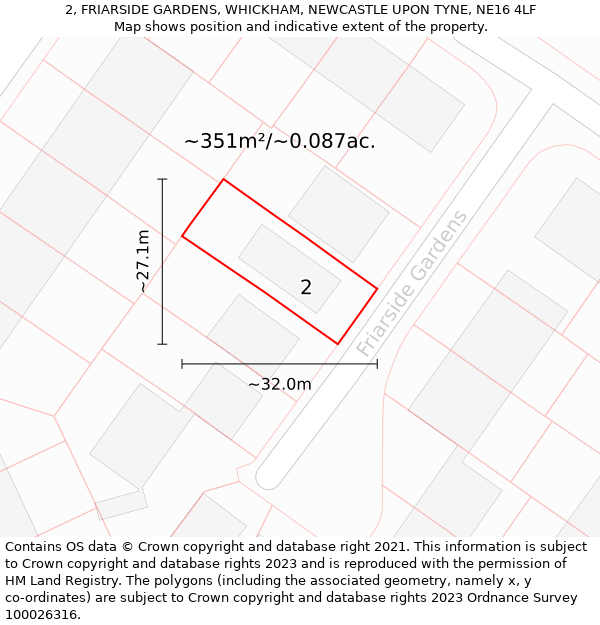 2, FRIARSIDE GARDENS, WHICKHAM, NEWCASTLE UPON TYNE, NE16 4LF: Plot and title map