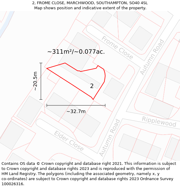 2, FROME CLOSE, MARCHWOOD, SOUTHAMPTON, SO40 4SL: Plot and title map