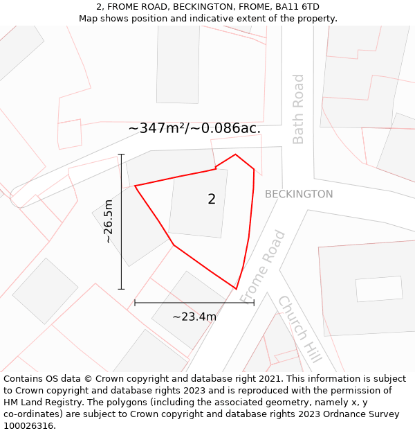 2, FROME ROAD, BECKINGTON, FROME, BA11 6TD: Plot and title map