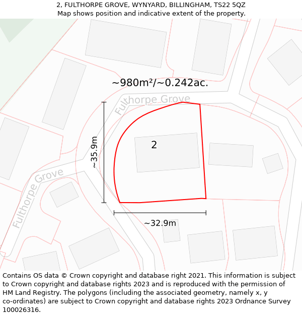 2, FULTHORPE GROVE, WYNYARD, BILLINGHAM, TS22 5QZ: Plot and title map