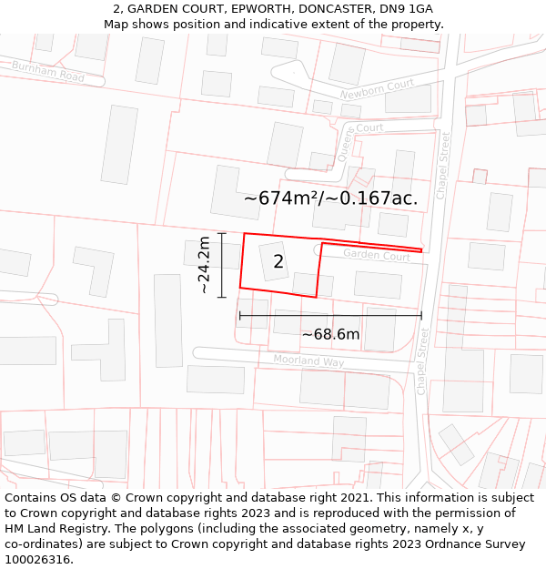 2, GARDEN COURT, EPWORTH, DONCASTER, DN9 1GA: Plot and title map