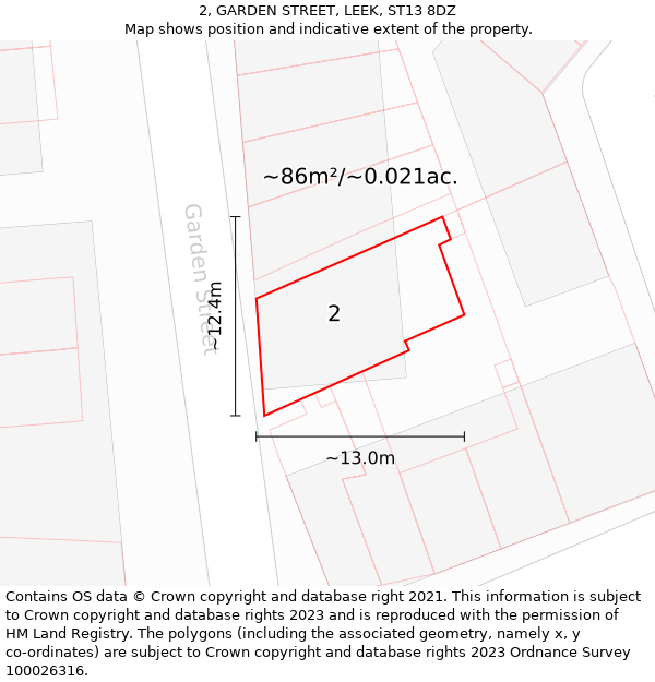 2, GARDEN STREET, LEEK, ST13 8DZ: Plot and title map