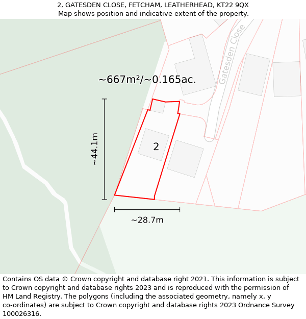 2, GATESDEN CLOSE, FETCHAM, LEATHERHEAD, KT22 9QX: Plot and title map