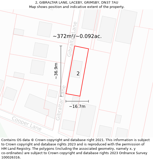 2, GIBRALTAR LANE, LACEBY, GRIMSBY, DN37 7AU: Plot and title map