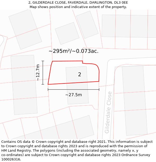 2, GILDERDALE CLOSE, FAVERDALE, DARLINGTON, DL3 0EE: Plot and title map