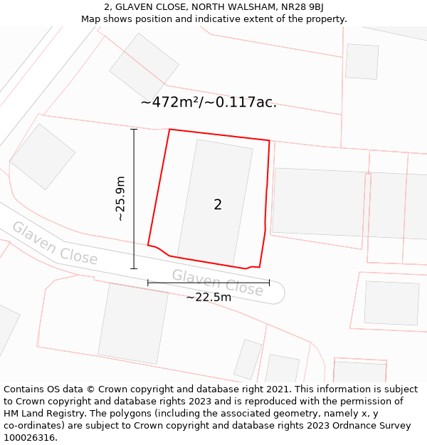 2, GLAVEN CLOSE, NORTH WALSHAM, NR28 9BJ: Plot and title map