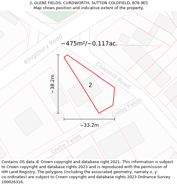 2, GLEBE FIELDS, CURDWORTH, SUTTON COLDFIELD, B76 9ES: Plot and title map