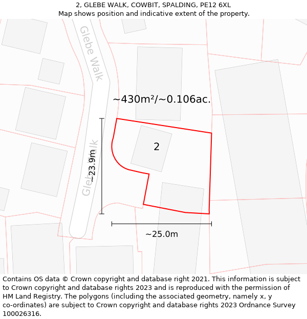 2, GLEBE WALK, COWBIT, SPALDING, PE12 6XL: Plot and title map