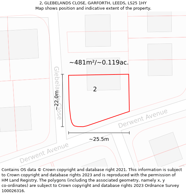 2, GLEBELANDS CLOSE, GARFORTH, LEEDS, LS25 1HY: Plot and title map