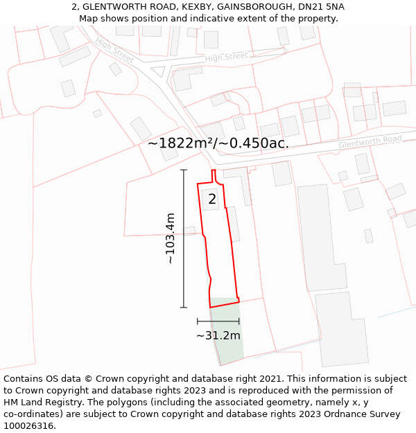 2, GLENTWORTH ROAD, KEXBY, GAINSBOROUGH, DN21 5NA: Plot and title map