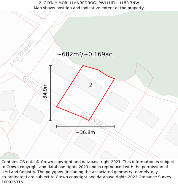 2, GLYN Y MOR, LLANBEDROG, PWLLHELI, LL53 7NW: Plot and title map