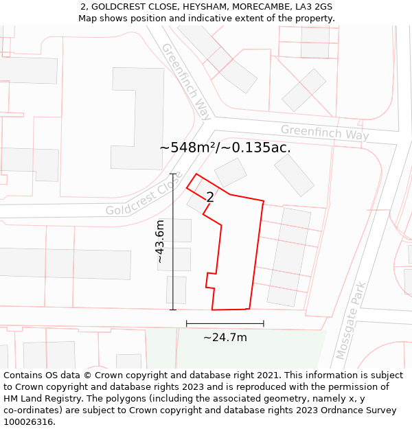 2, GOLDCREST CLOSE, HEYSHAM, MORECAMBE, LA3 2GS: Plot and title map