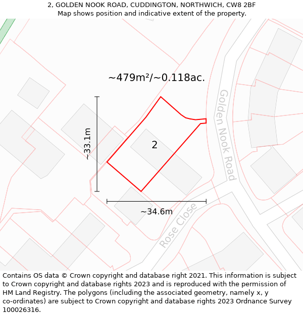 2, GOLDEN NOOK ROAD, CUDDINGTON, NORTHWICH, CW8 2BF: Plot and title map