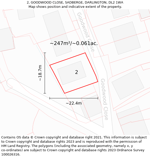 2, GOODWOOD CLOSE, SADBERGE, DARLINGTON, DL2 1WA: Plot and title map