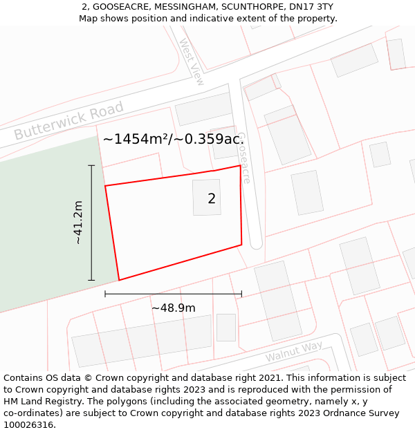 2, GOOSEACRE, MESSINGHAM, SCUNTHORPE, DN17 3TY: Plot and title map