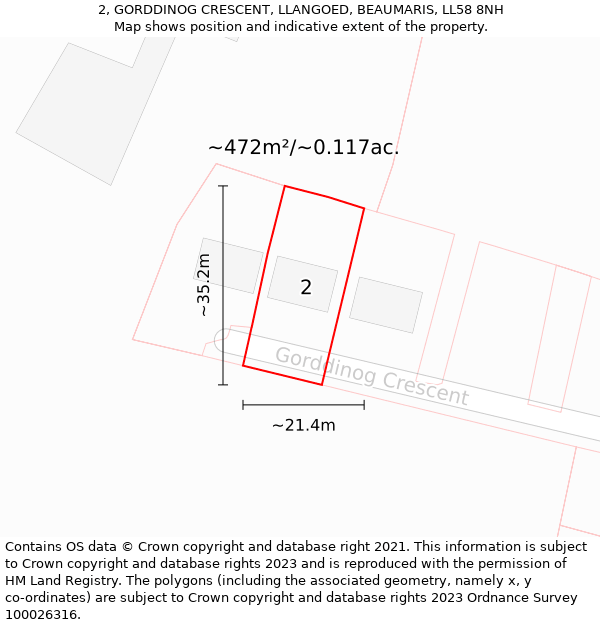 2, GORDDINOG CRESCENT, LLANGOED, BEAUMARIS, LL58 8NH: Plot and title map