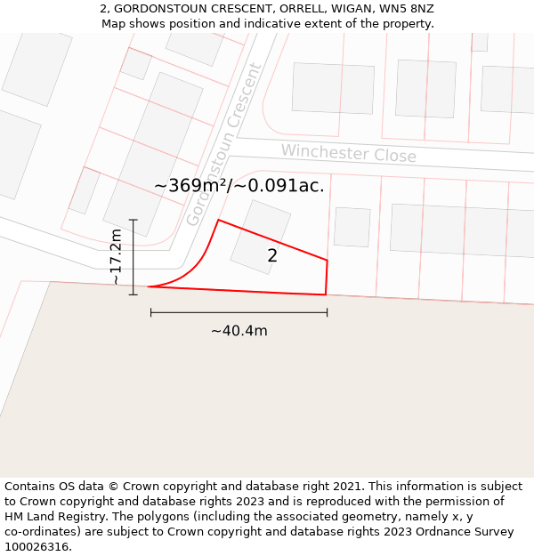 2, GORDONSTOUN CRESCENT, ORRELL, WIGAN, WN5 8NZ: Plot and title map