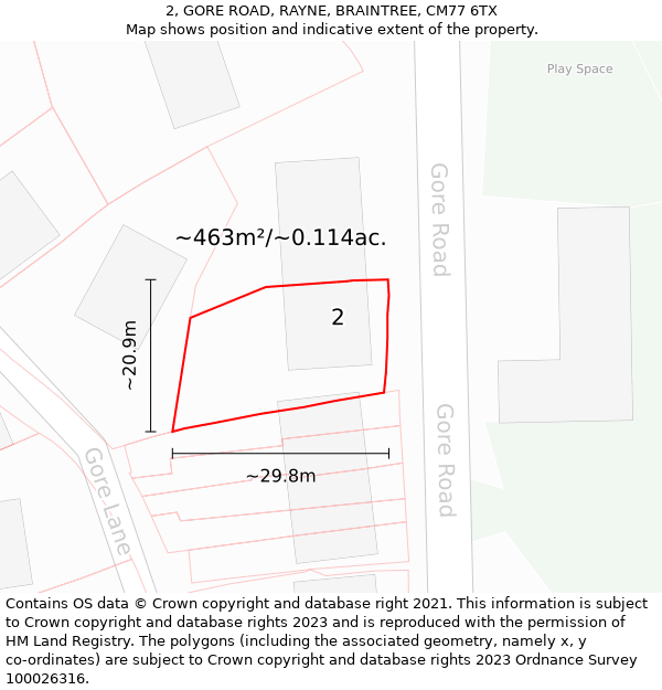 2, GORE ROAD, RAYNE, BRAINTREE, CM77 6TX: Plot and title map