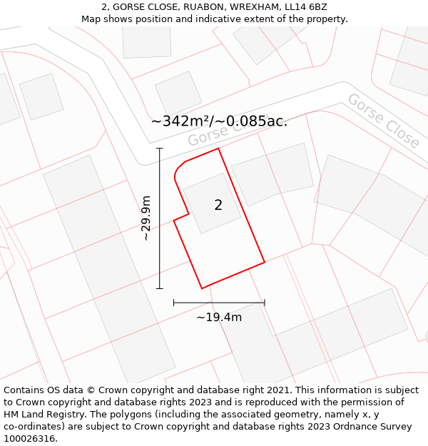 2, GORSE CLOSE, RUABON, WREXHAM, LL14 6BZ: Plot and title map