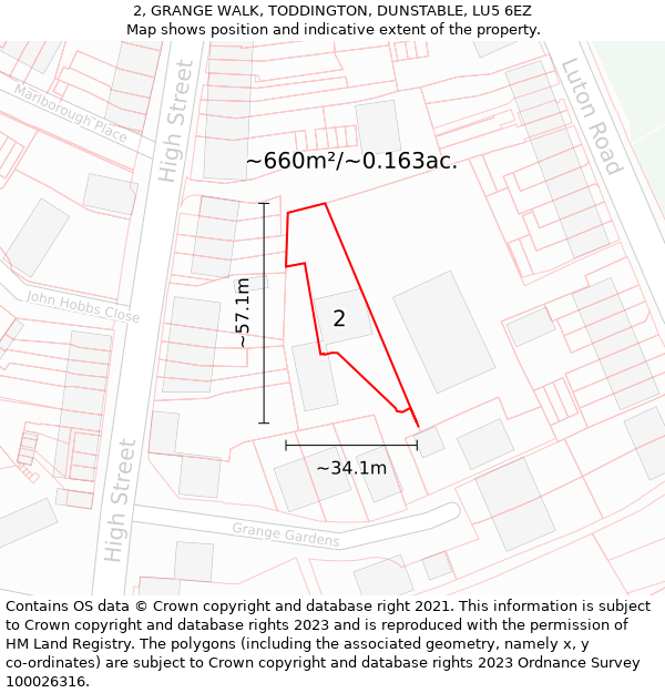 2, GRANGE WALK, TODDINGTON, DUNSTABLE, LU5 6EZ: Plot and title map