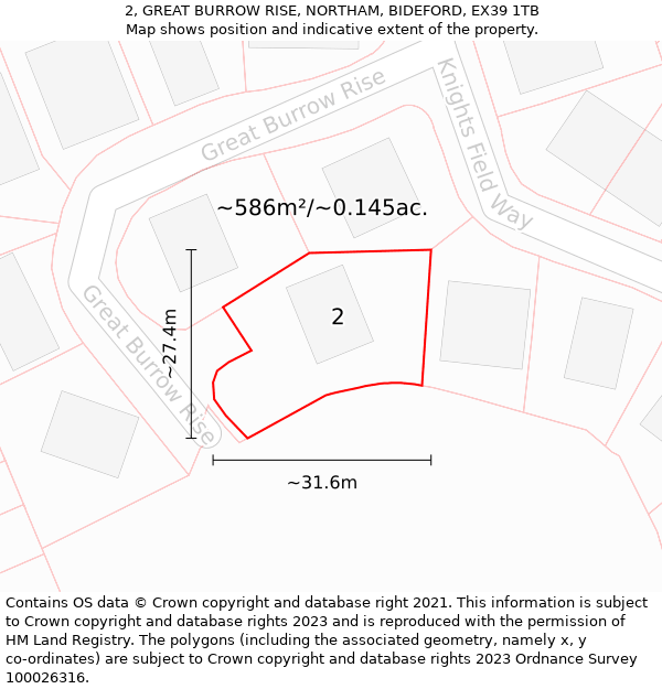 2, GREAT BURROW RISE, NORTHAM, BIDEFORD, EX39 1TB: Plot and title map