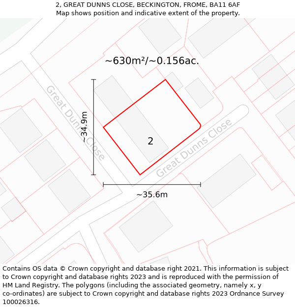 2, GREAT DUNNS CLOSE, BECKINGTON, FROME, BA11 6AF: Plot and title map