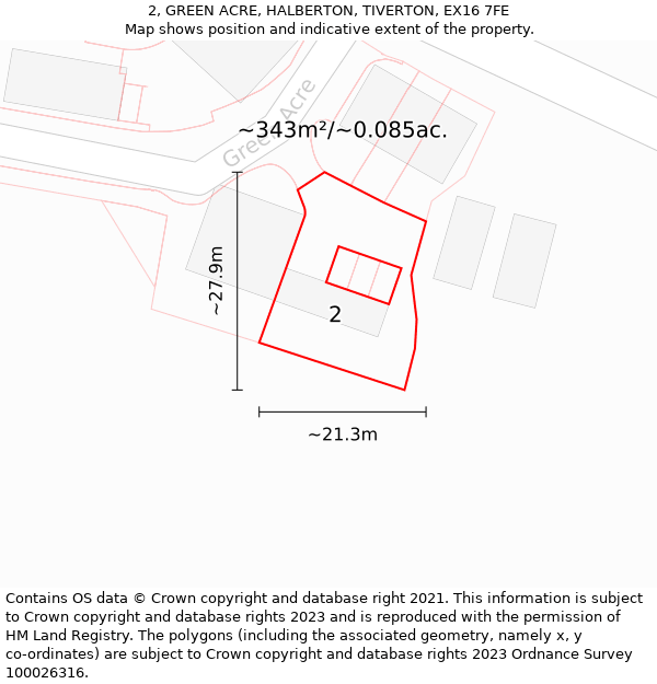 2, GREEN ACRE, HALBERTON, TIVERTON, EX16 7FE: Plot and title map