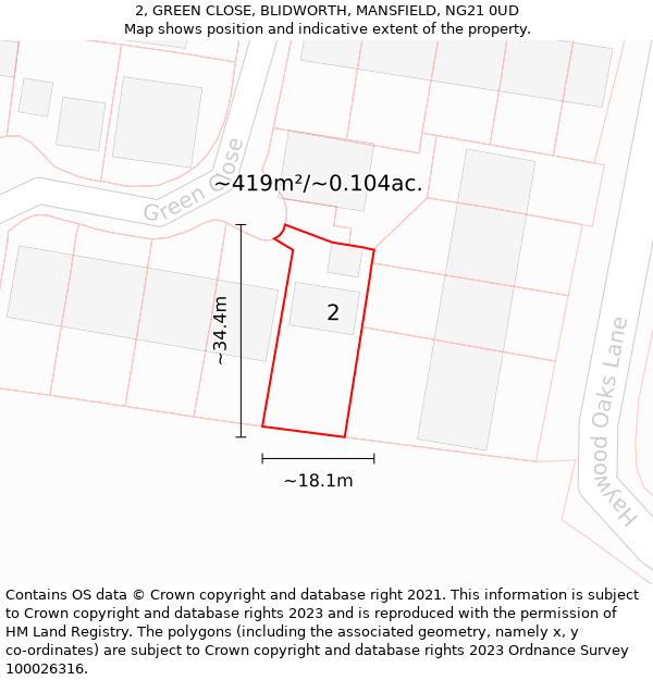 2, GREEN CLOSE, BLIDWORTH, MANSFIELD, NG21 0UD: Plot and title map