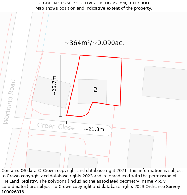 2, GREEN CLOSE, SOUTHWATER, HORSHAM, RH13 9UU: Plot and title map