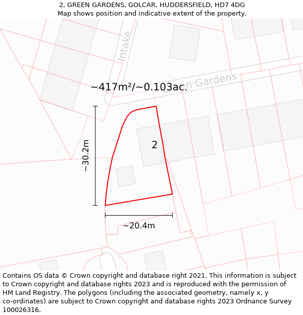 2, GREEN GARDENS, GOLCAR, HUDDERSFIELD, HD7 4DG: Plot and title map