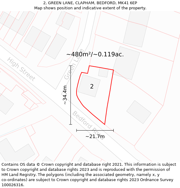 2, GREEN LANE, CLAPHAM, BEDFORD, MK41 6EP: Plot and title map