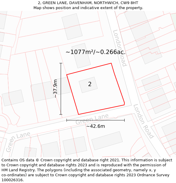 2, GREEN LANE, DAVENHAM, NORTHWICH, CW9 8HT: Plot and title map