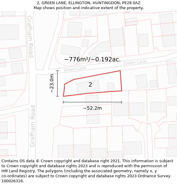 2, GREEN LANE, ELLINGTON, HUNTINGDON, PE28 0AZ: Plot and title map