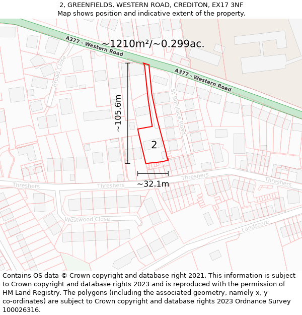 2, GREENFIELDS, WESTERN ROAD, CREDITON, EX17 3NF: Plot and title map