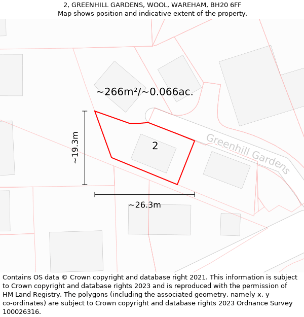 2, GREENHILL GARDENS, WOOL, WAREHAM, BH20 6FF: Plot and title map