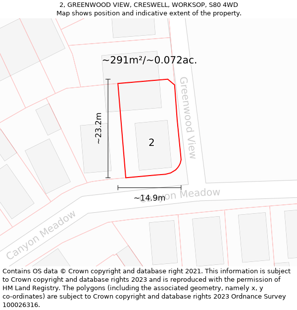 2, GREENWOOD VIEW, CRESWELL, WORKSOP, S80 4WD: Plot and title map