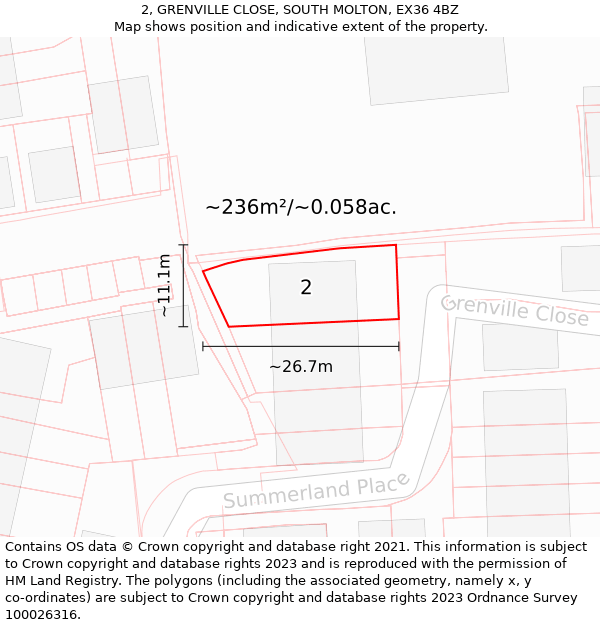 2, GRENVILLE CLOSE, SOUTH MOLTON, EX36 4BZ: Plot and title map